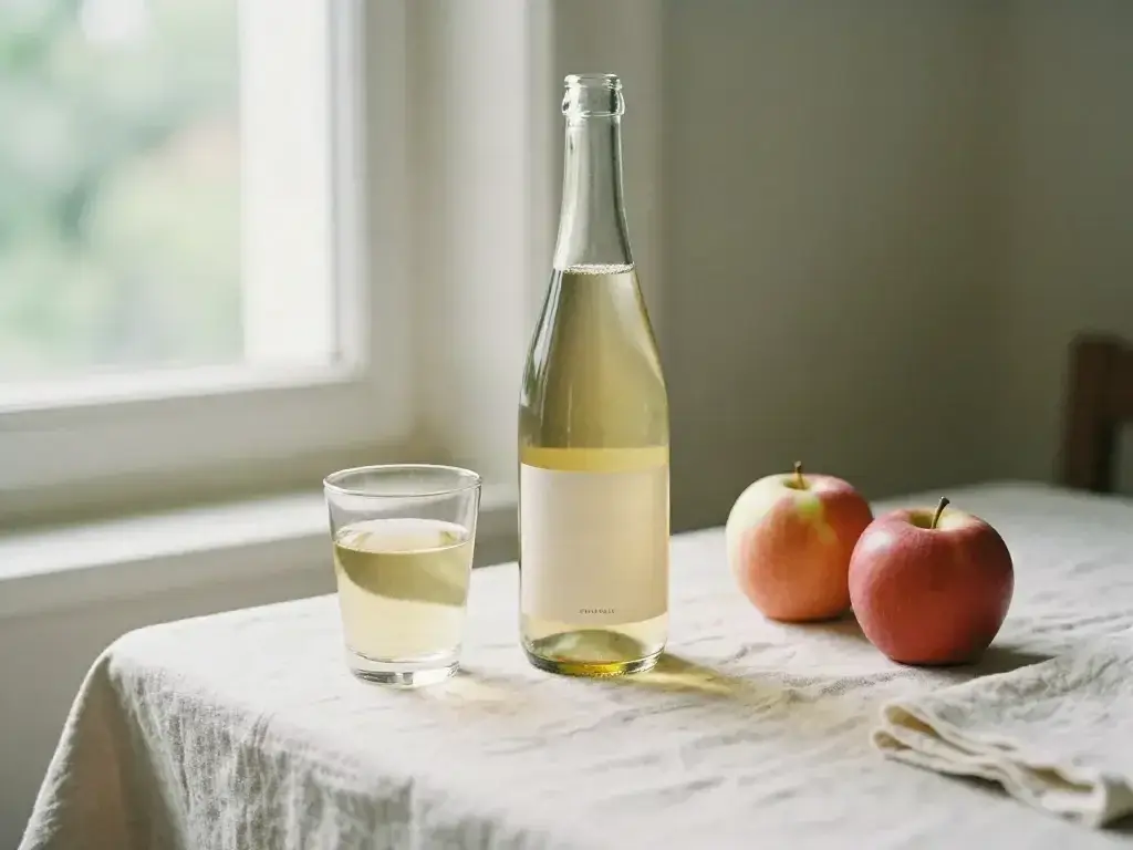 Bouteille de cidre de glace de 375 ml sur une table de bois brut en hiver, verre ambré traversé par la lumière, givre sur la fenêtre et pommes gelées dans un panier d'osier.