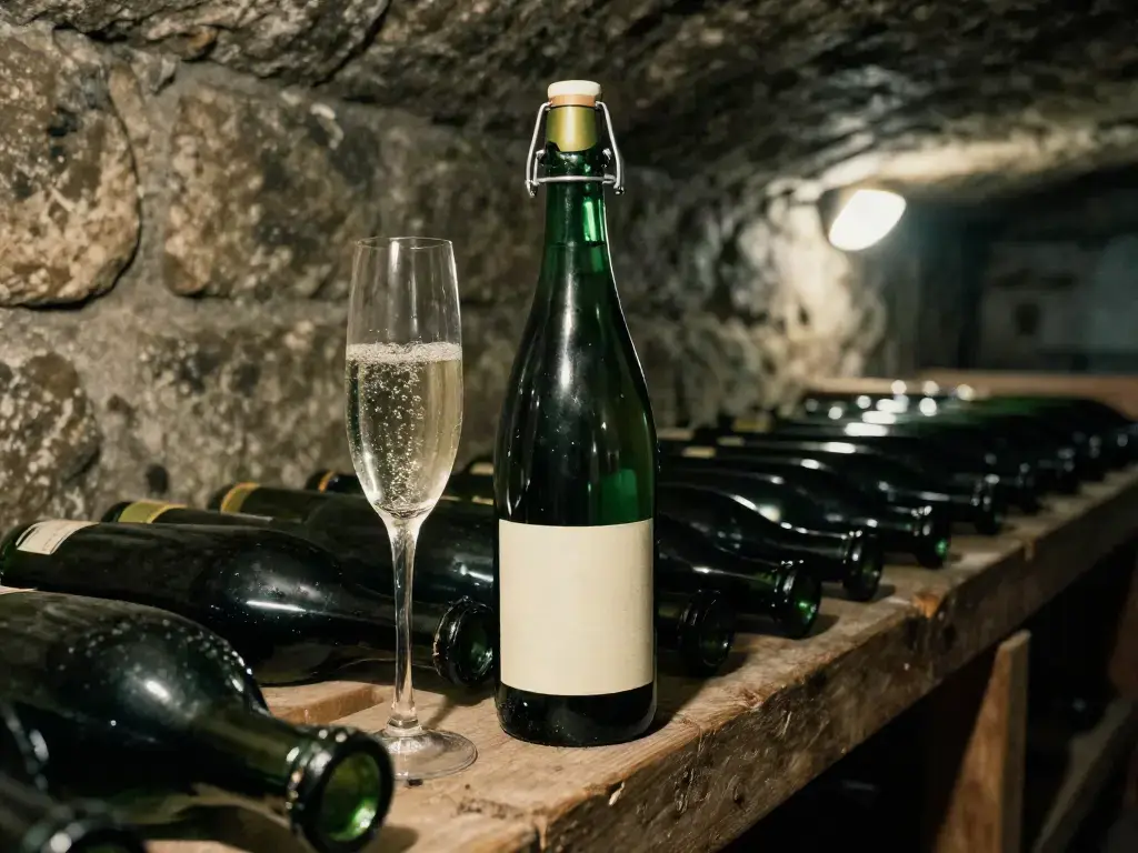 Bouteille de cidre tranquille de 750 ml à l'étiquette de papier crème sur une nappe de lin, verre de cidre jaune paille et pommes McIntosh près d'une fenêtre, lumière douce de fin d'été.