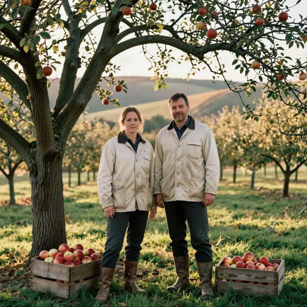 Portrait d'un couple de cidriculteurs dans leur verger en fin d'après-midi d'automne, vêtements de travail usés, caisses de pommes en bois à leurs pieds et vieux pommiers noueux derrière eux.