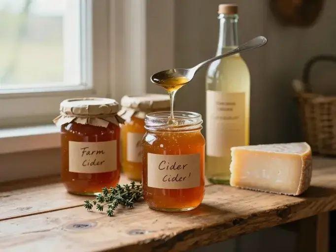 Pots de gelée de cidre ambrée et bouteille de vinaigre de cidre sur une étagère de bois de la boutique de la ferme, étiquettes kraft écrites à la main et branches de thym.