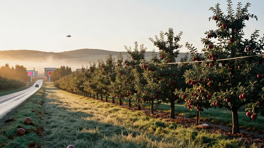 Verger de pommiers au lever du jour, début octobre dans les Cantons-de-l'Est : rangs d'arbres chargés de pommes rouges, herbe couverte de rosée, brume basse entre les collines et lumière dorée rasante.
